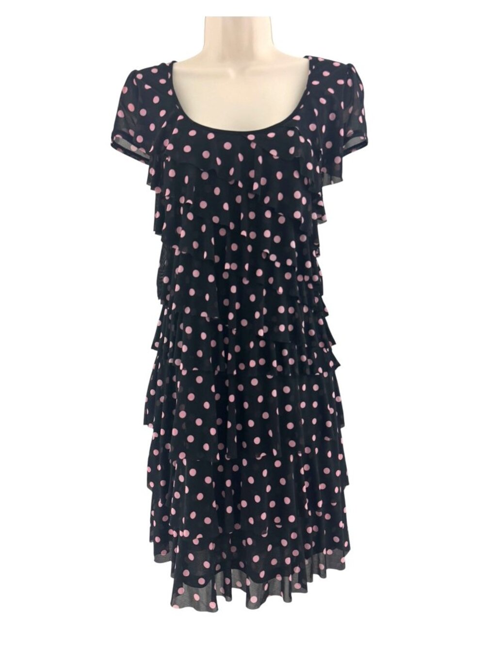 INC International Concepts Black Pink Polka Dot Ruffle Tiered Dress Size M Party